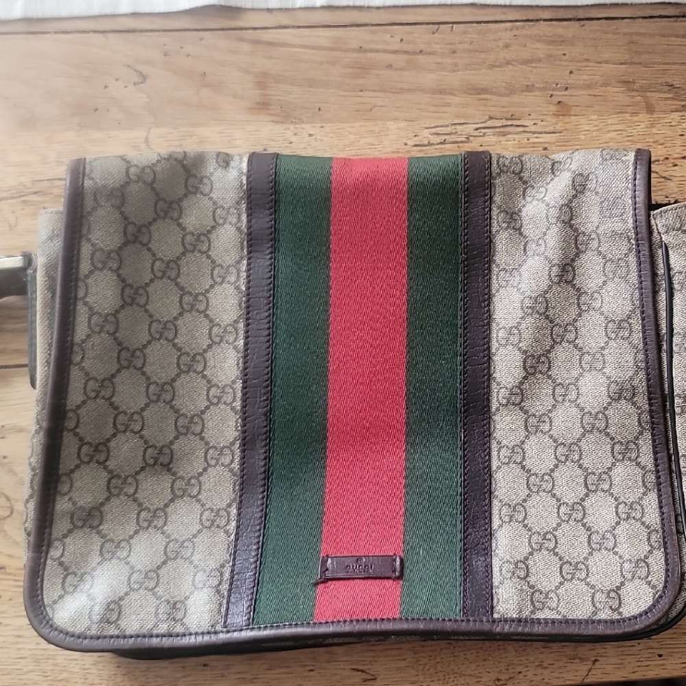 Gucci Brown and Green Laptop Bag with GG Monogram
